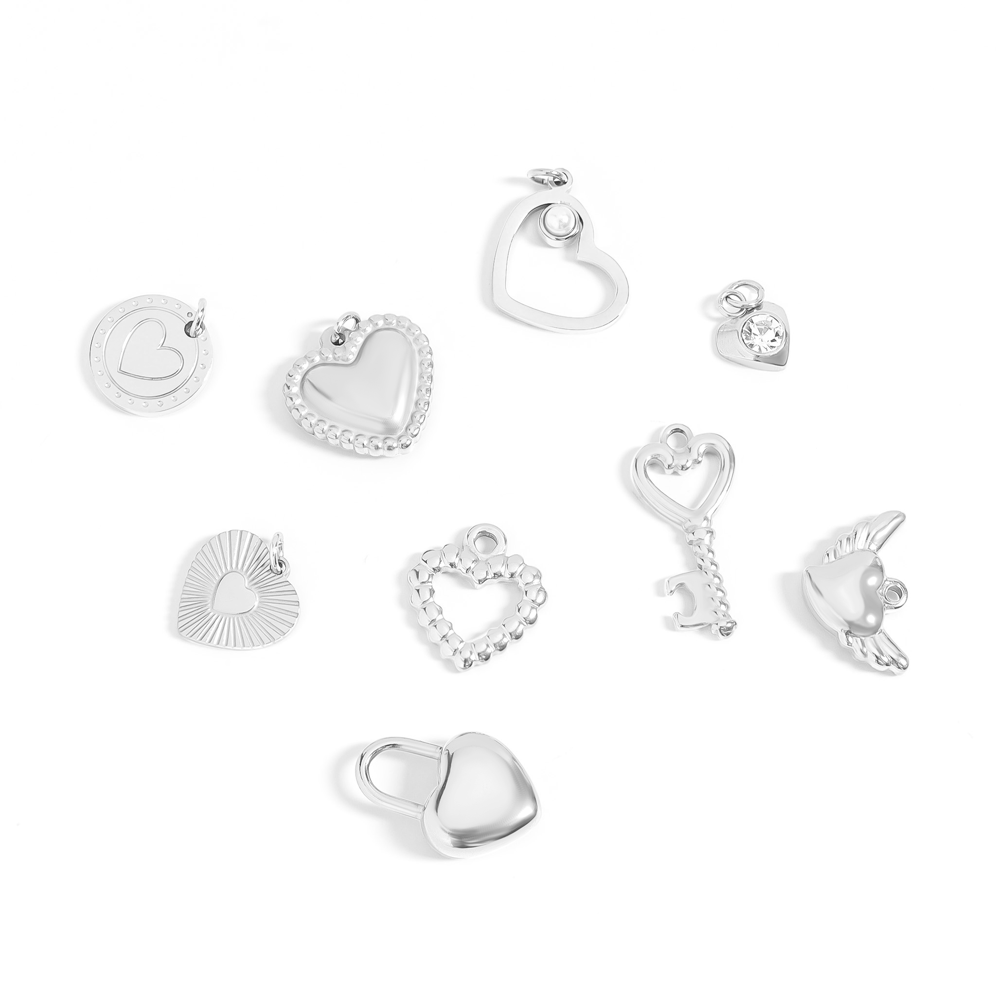 (9pc) 18K Gold PVD Stainless Steel Heart Charm Set: Gold