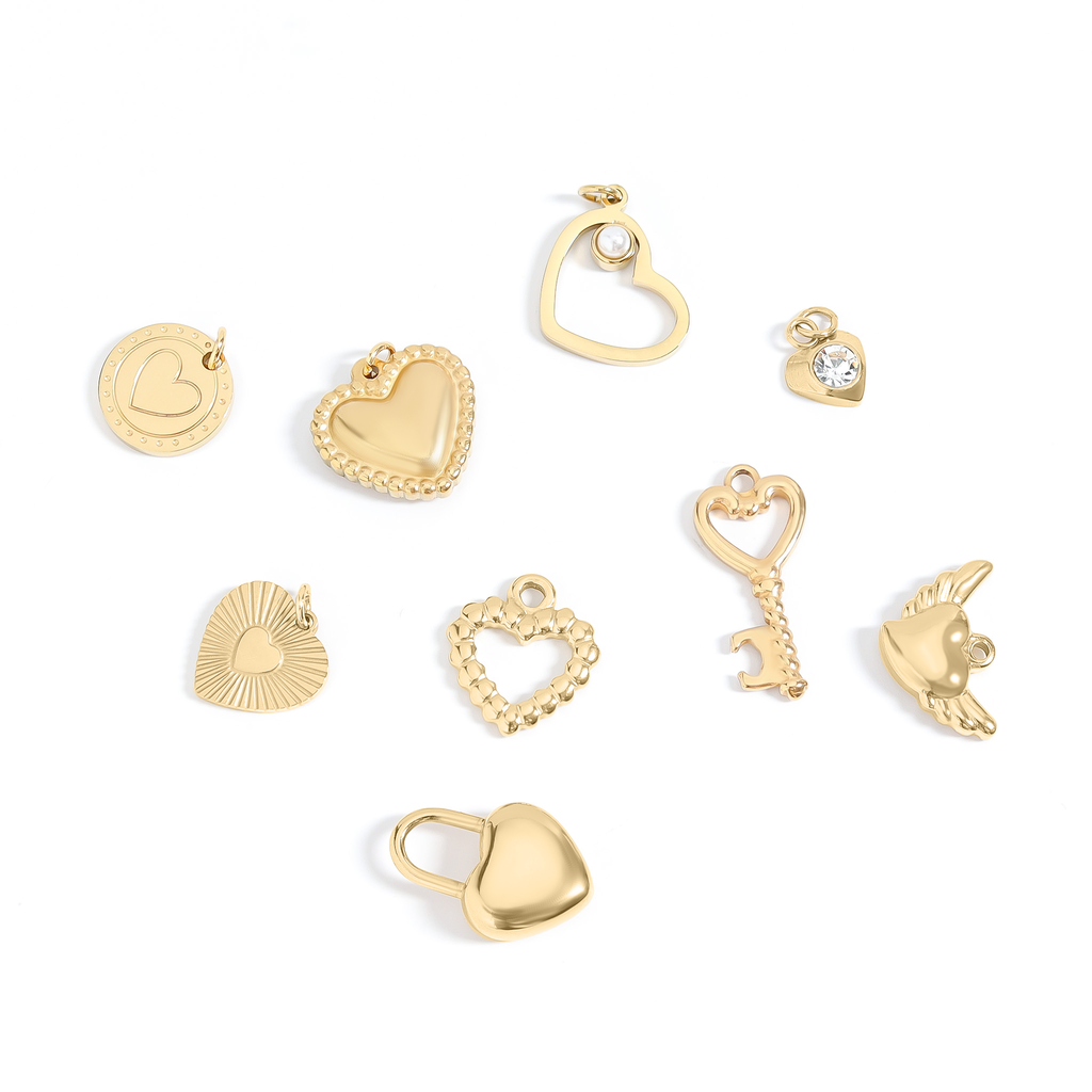 (9pc) 18K Gold PVD Stainless Steel Heart Charm Set: Gold