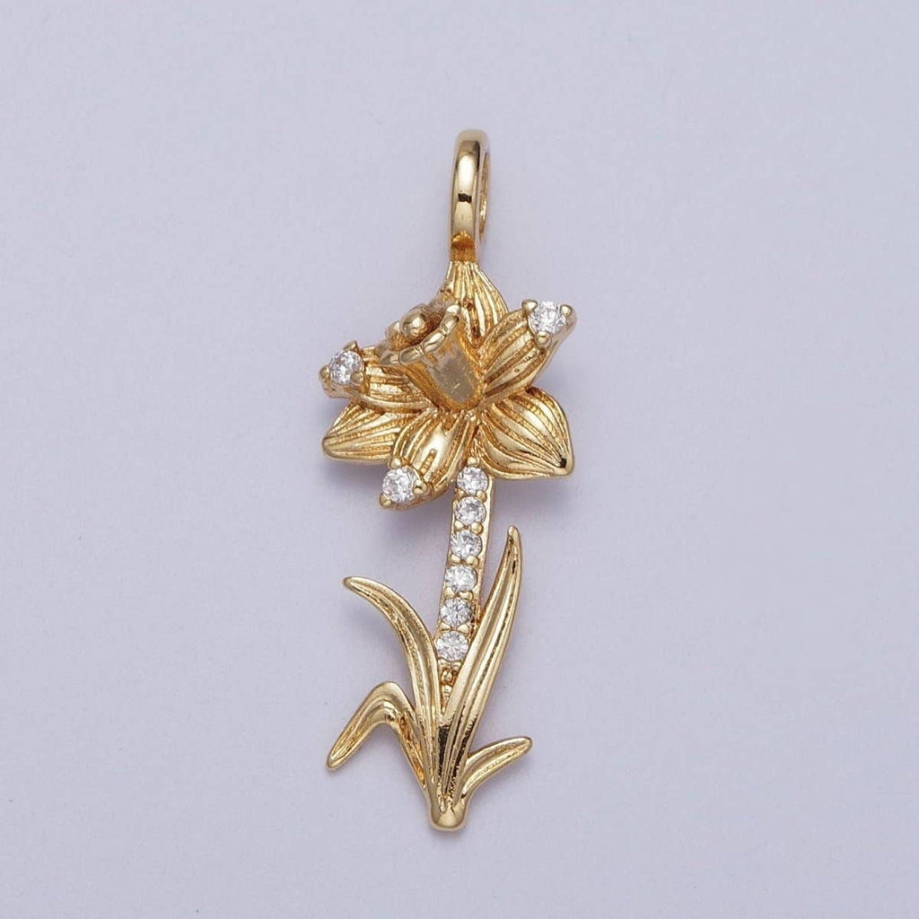 Micro Paved CZ Botanic Garden Birth Flower Gold Charm H-011 H-026 - H-032 H-038 H-040 H-041: December - Narcissus