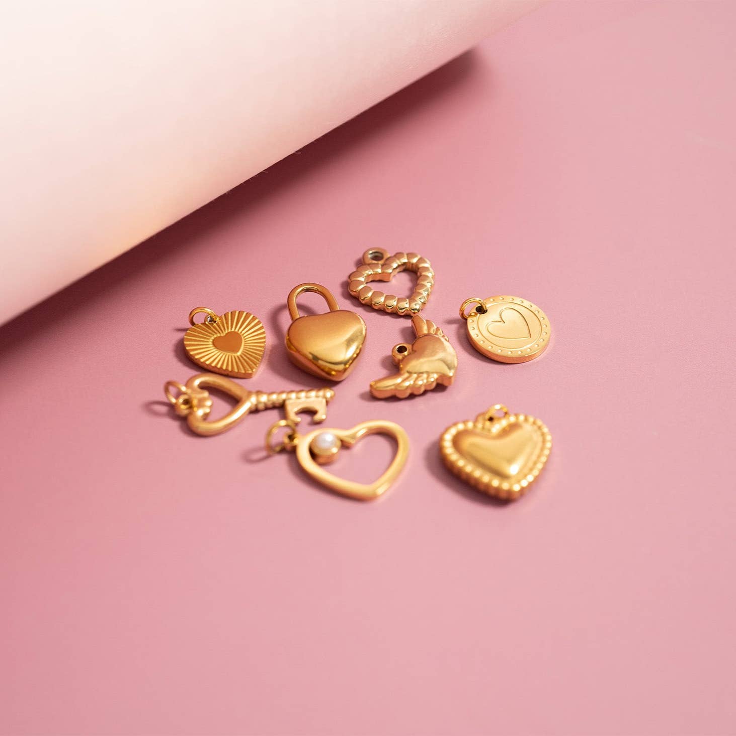 (9pc) 18K Gold PVD Stainless Steel Heart Charm Set: Gold