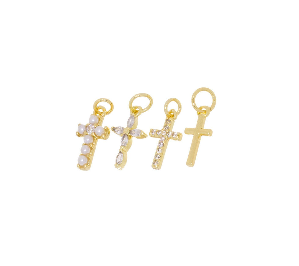Gold, Pearl & CZ Mini Cross Charms for Jewelry Making: 5pcs / #04