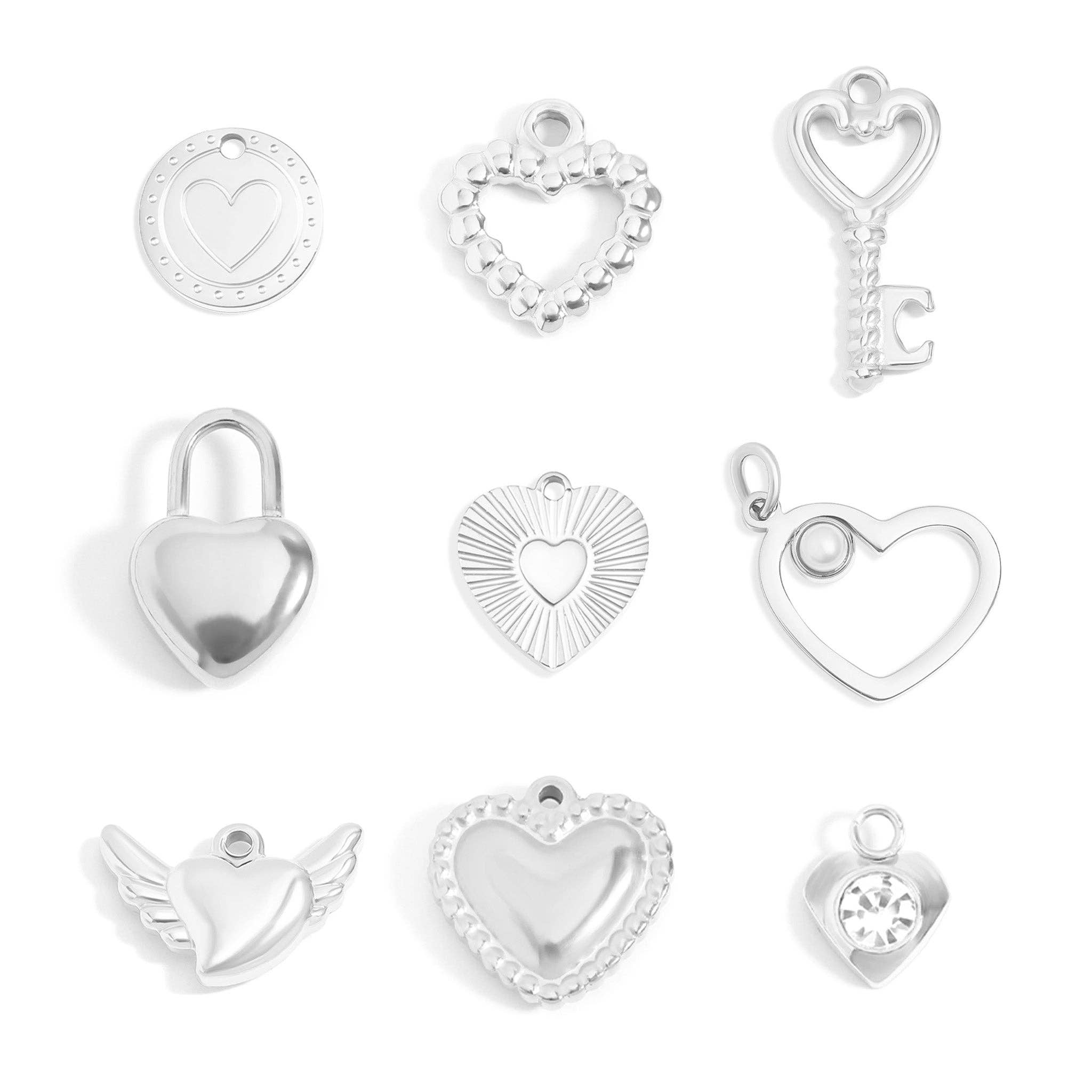 (9pc) 18K Gold PVD Stainless Steel Heart Charm Set: Gold