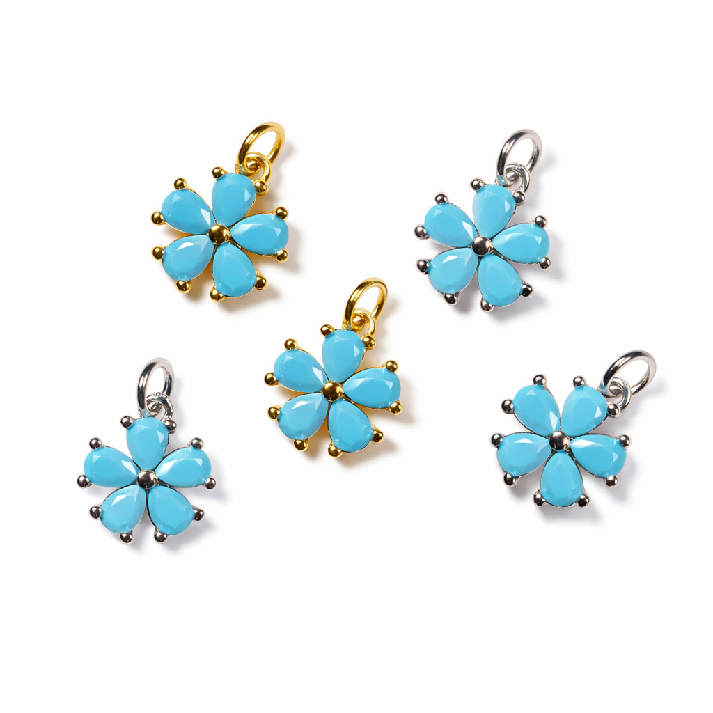 Gold/silver turquoise CZ Flower Charm Tropical, CPG2832: Silver / 3 pcs