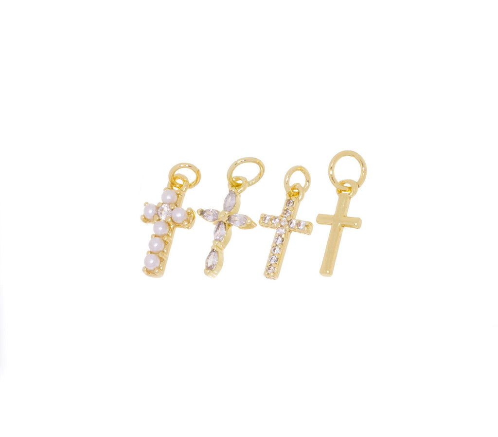 Gold, Pearl & CZ Mini Cross Charms for Jewelry Making: 5pcs / #04