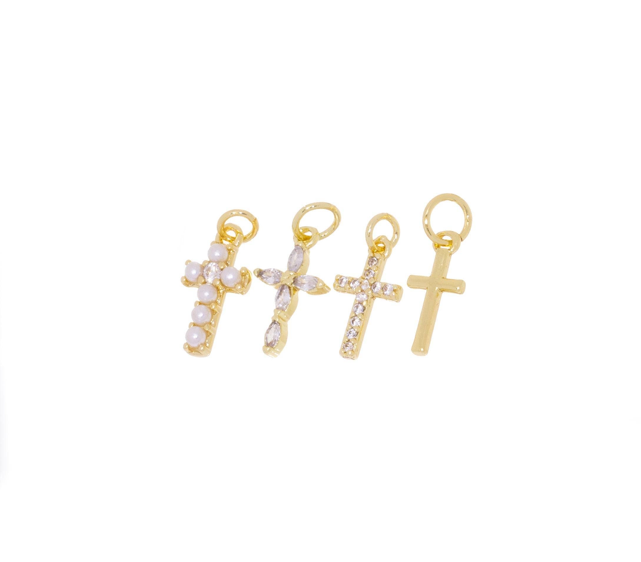 Gold, Pearl & CZ Mini Cross Charms for Jewelry Making: 5pcs / #04