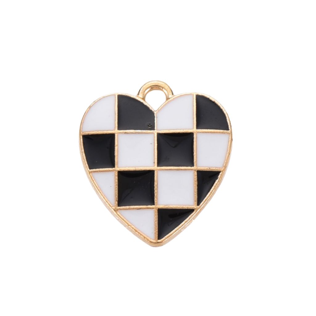 Gold Alloy Black Checkered Heart Charm