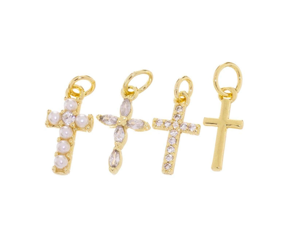 Gold, Pearl & CZ Mini Cross Charms for Jewelry Making: 5pcs / #04