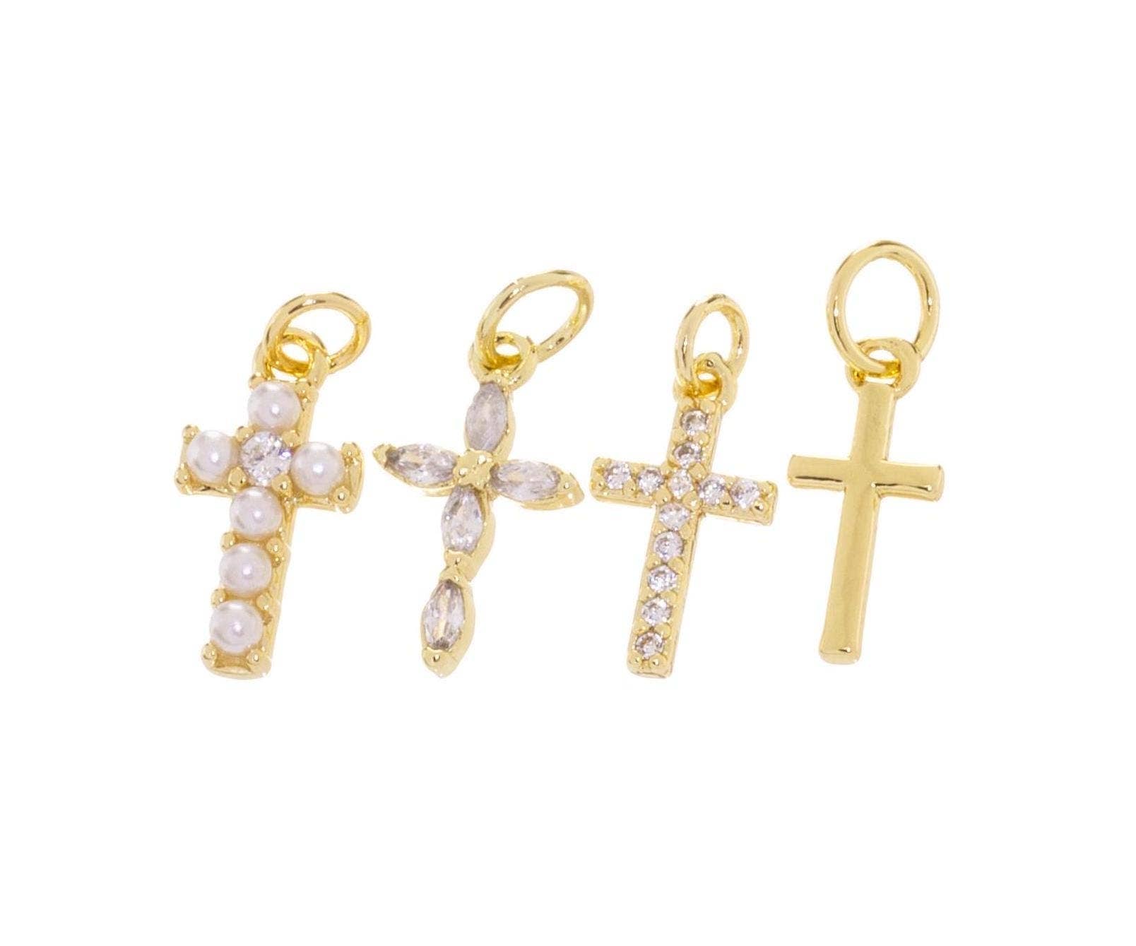 Gold, Pearl & CZ Mini Cross Charms for Jewelry Making: 5pcs / #04