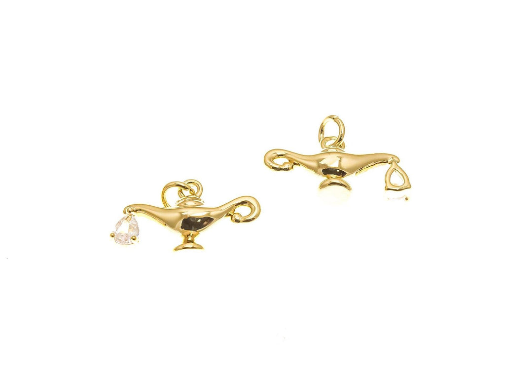 18k Gold CZ Genie Lamp Charm with Clear CZ Dangle: Gold / 5 pieces