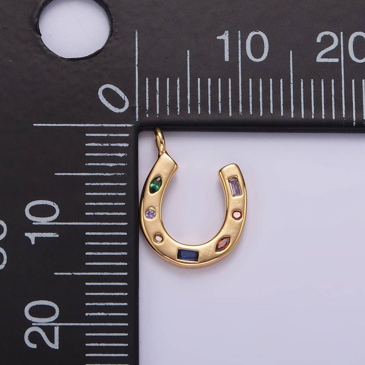 14K Gold Filled CZ Multicolor Dotted Lucky Horseshoe Charm | AC-819: Gold
