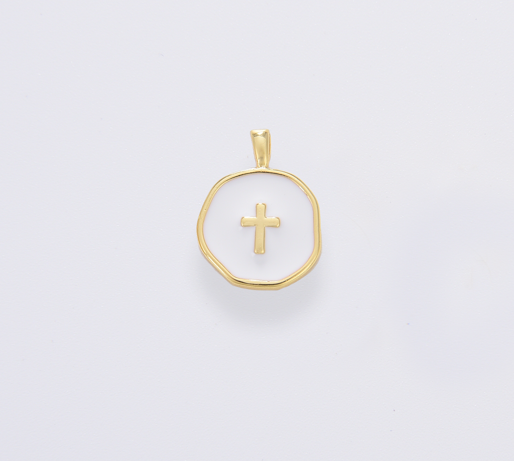 Dainty Enamel Cross Medallion Charm in Gold Filled, CP1674: #02 White