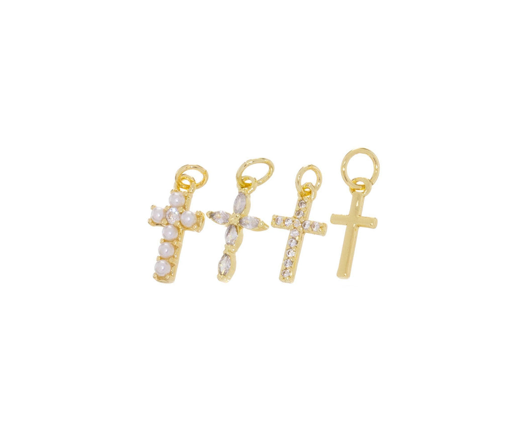 Gold, Pearl & CZ Mini Cross Charms for Jewelry Making: 5pcs / #04