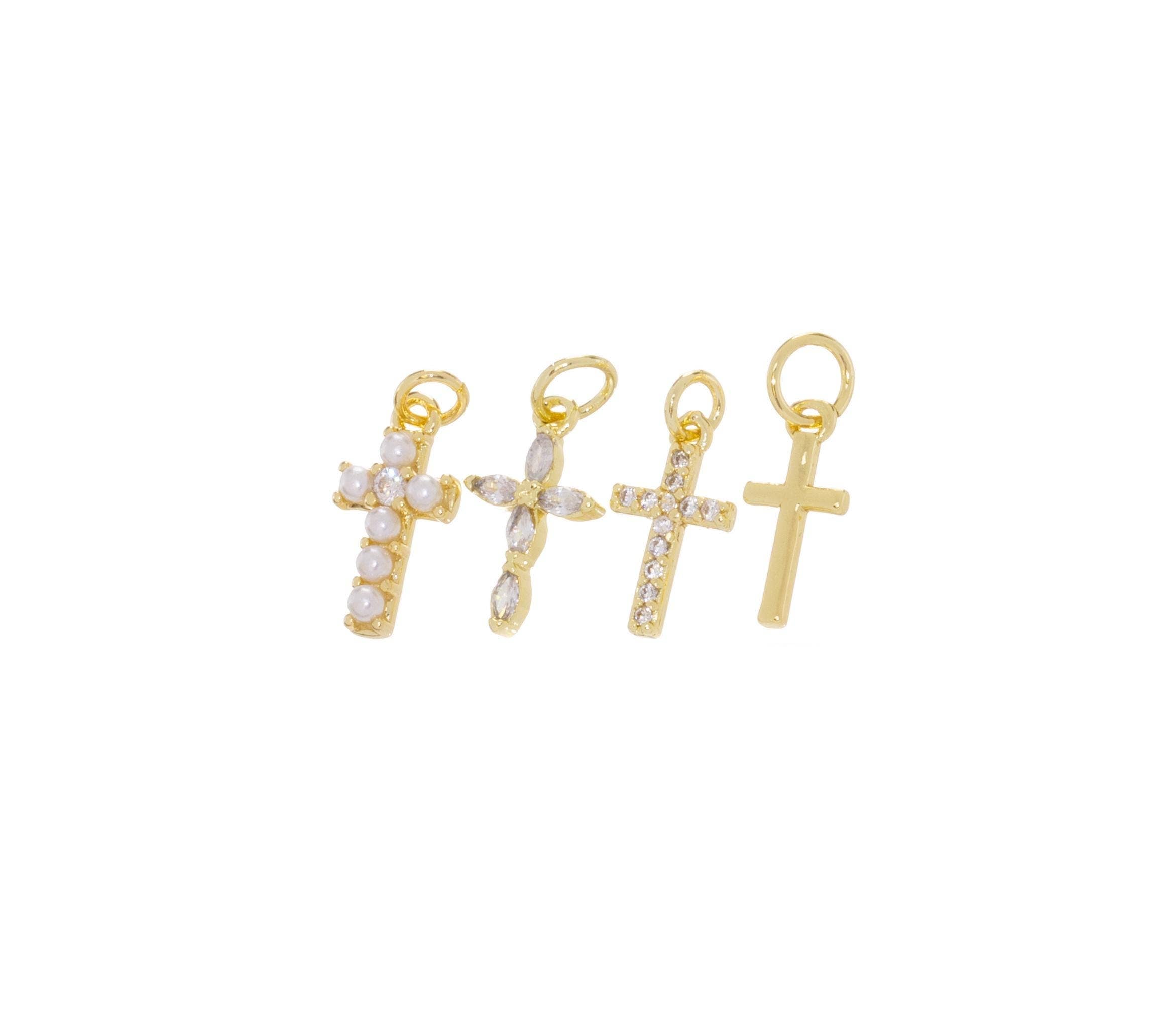 Gold, Pearl & CZ Mini Cross Charms for Jewelry Making: 5pcs / #04