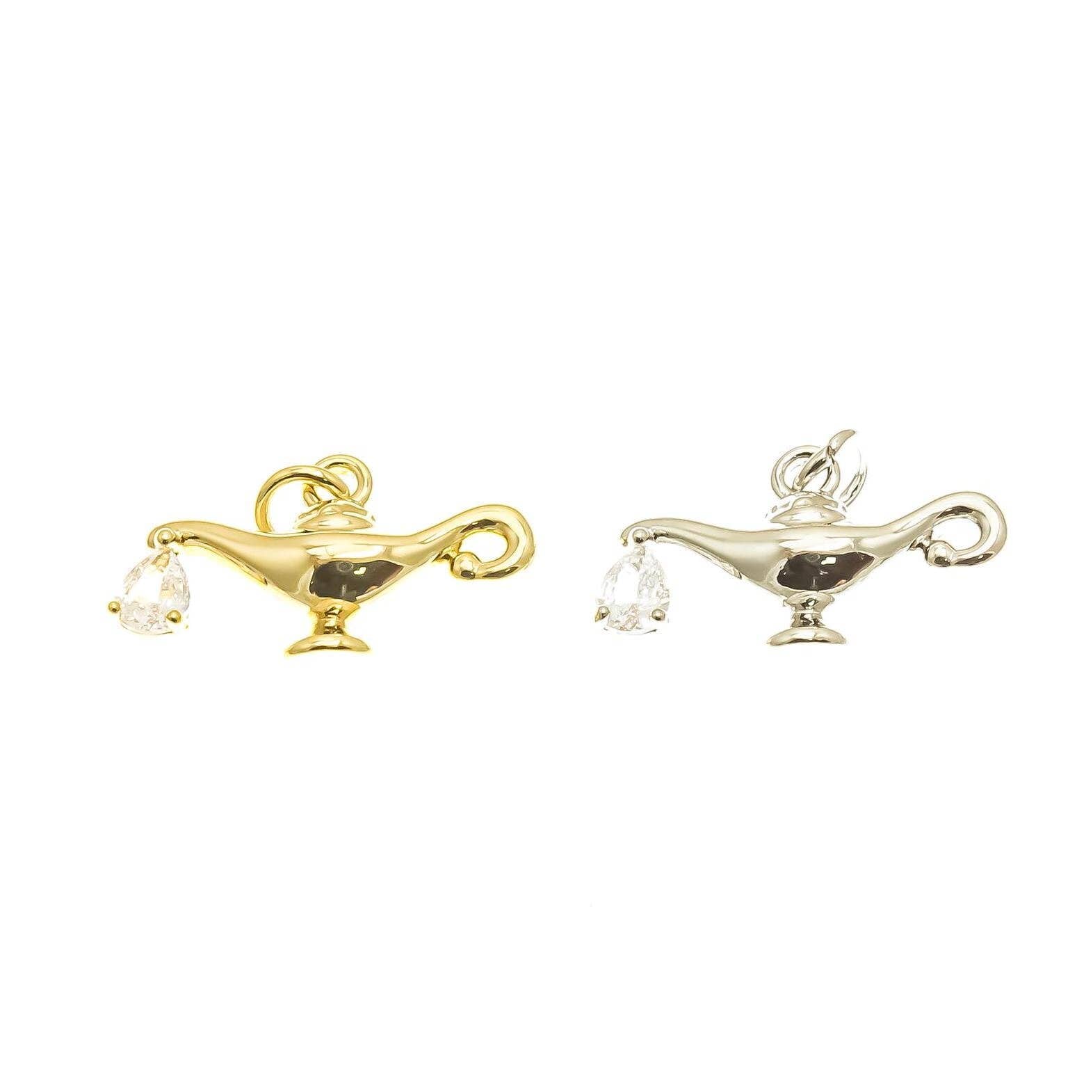 18k Gold CZ Genie Lamp Charm with Clear CZ Dangle: Gold / 5 pieces