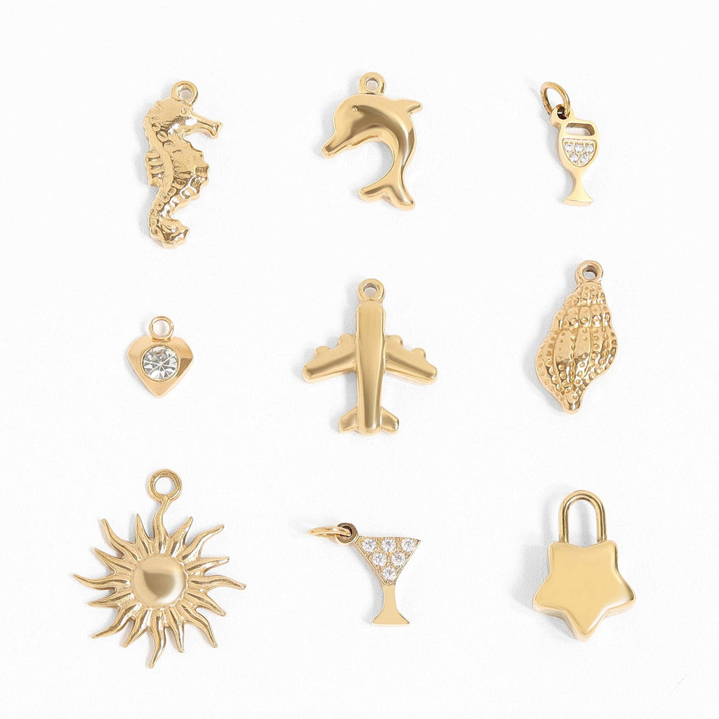 18K Gold PVD Stainless Steel Vacation Charm Set (9pc): Gold