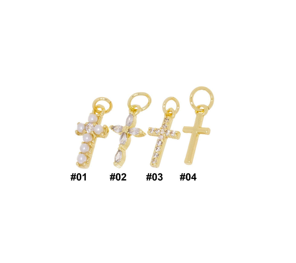 Gold, Pearl & CZ Mini Cross Charms for Jewelry Making: 5pcs / #04