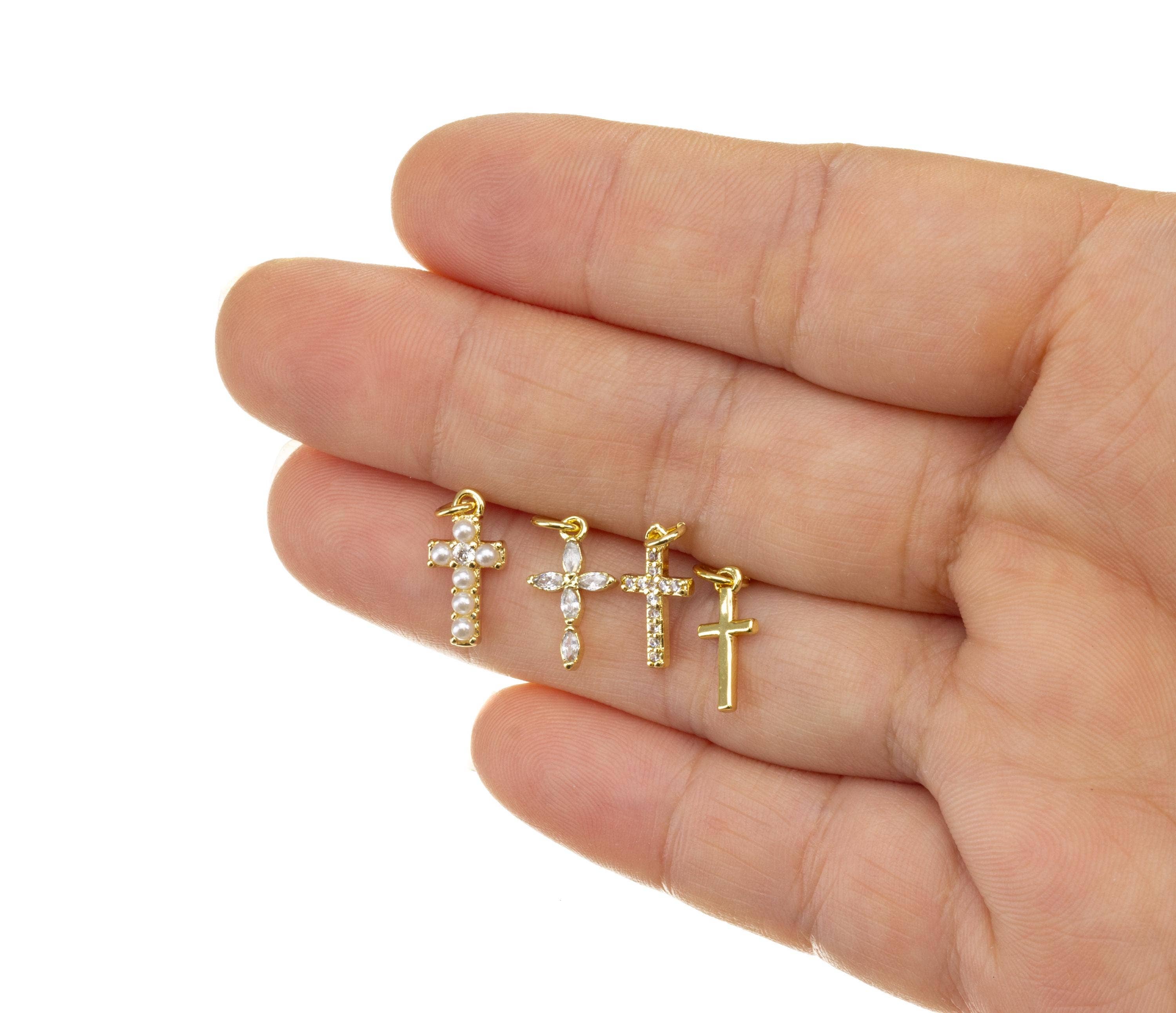 Gold, Pearl & CZ Mini Cross Charms for Jewelry Making: 5pcs / #04