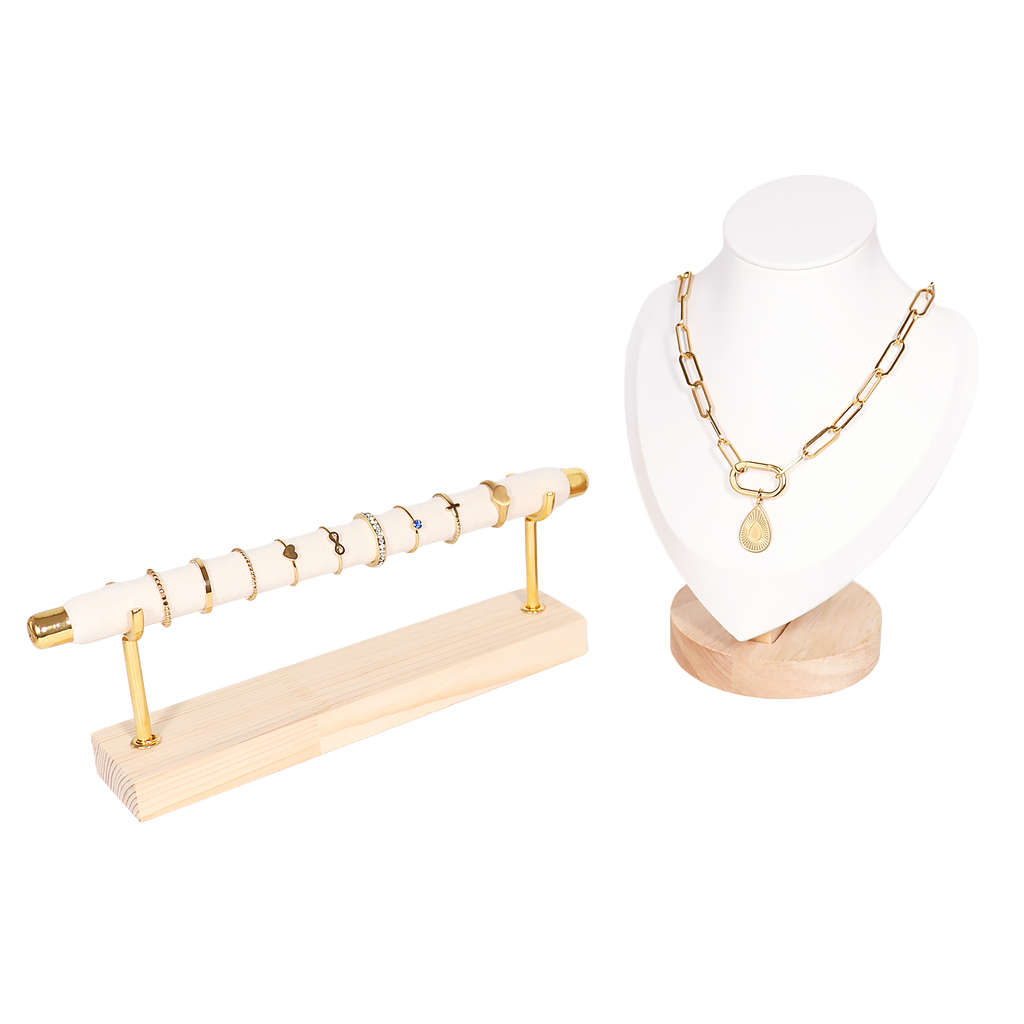 Natural Wood & Leather Necklace Display: White / Small