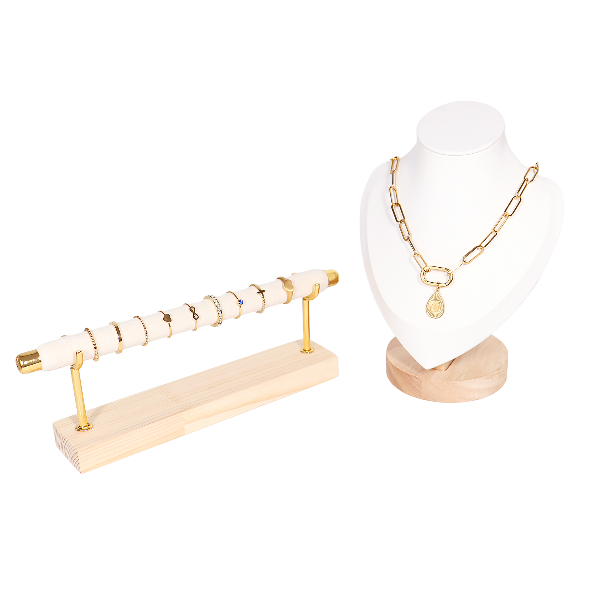 Natural Wood & Leather Necklace Display: White / Small