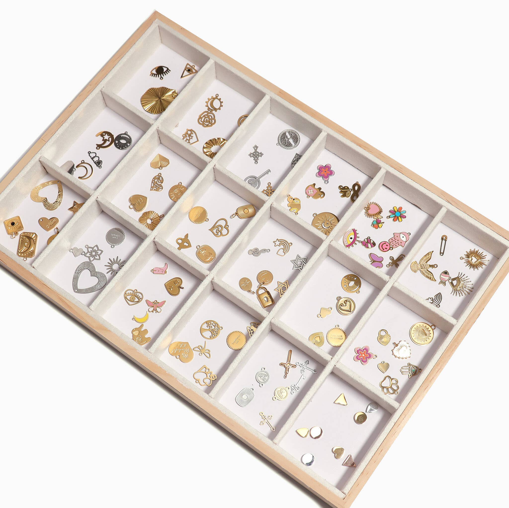 Natural Wood & Suede 24 Unit Jewelry Tray Display