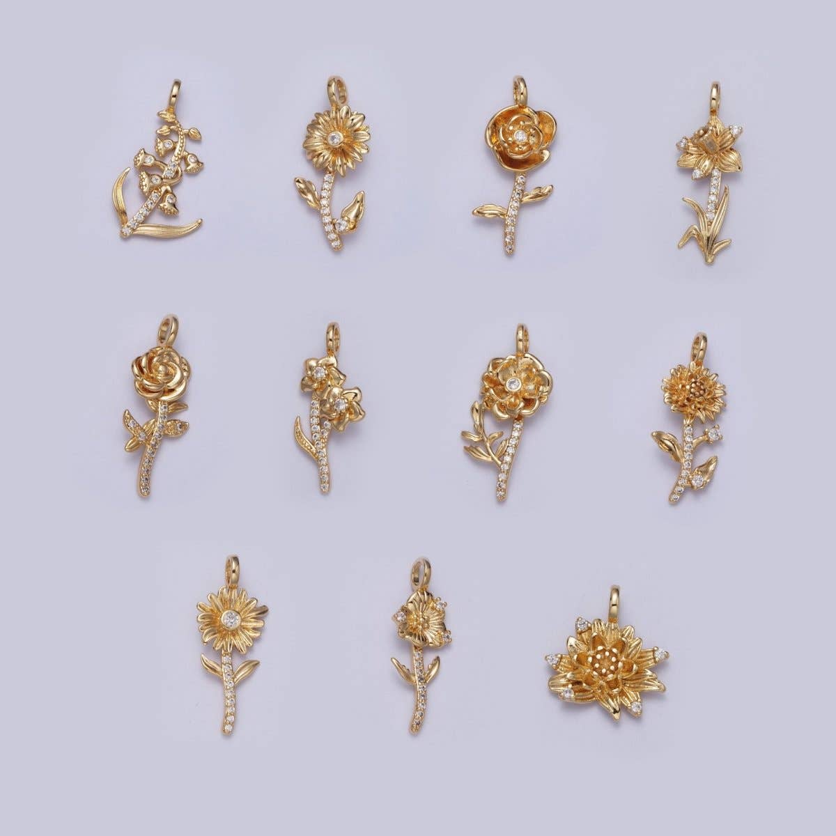Micro Paved CZ Botanic Garden Birth Flower Gold Charm H-011 H-026 - H-032 H-038 H-040 H-041: July - Water Lily