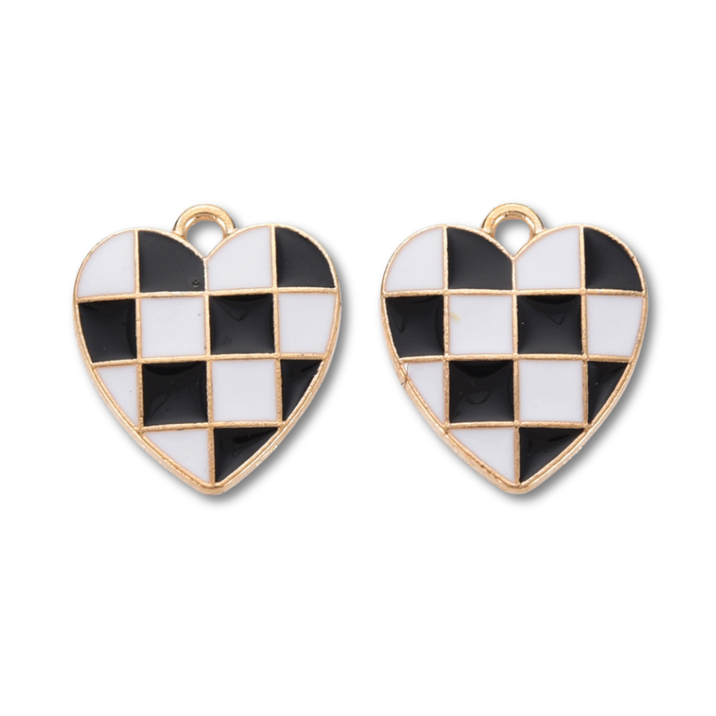 Gold Alloy Black Checkered Heart Charm