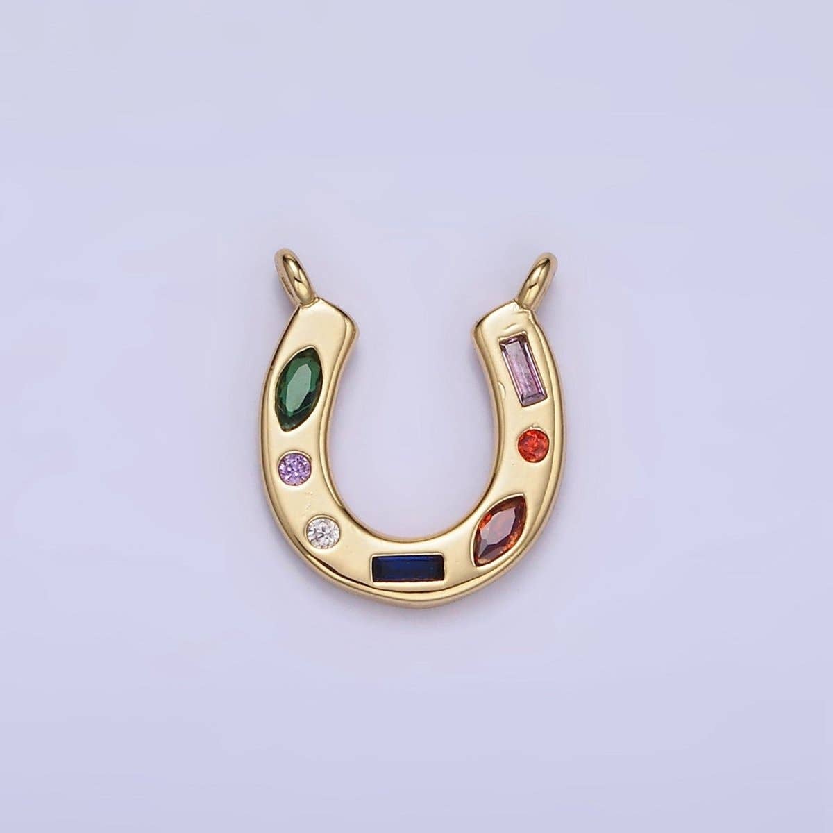 14K Gold Filled CZ Multicolor Dotted Lucky Horseshoe Charm | AC-819: Gold
