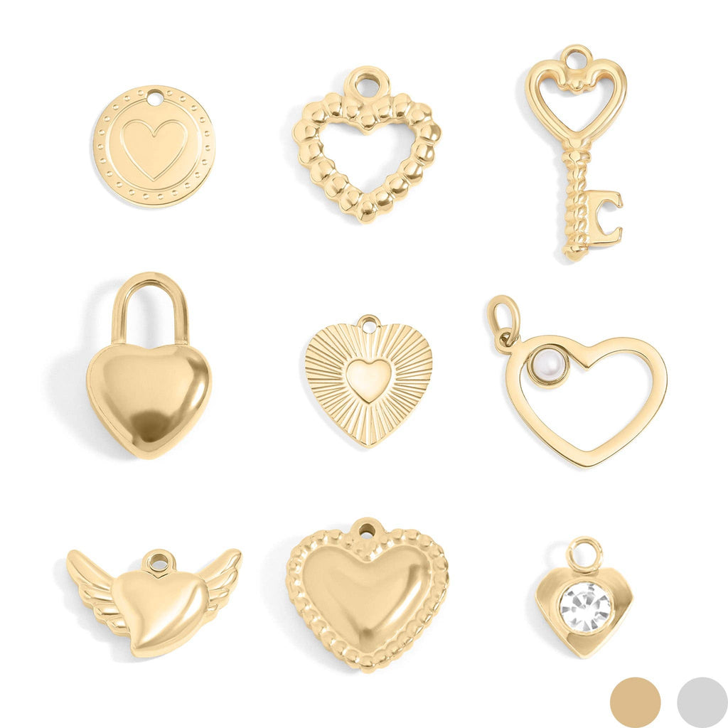 (9pc) 18K Gold PVD Stainless Steel Heart Charm Set: Gold