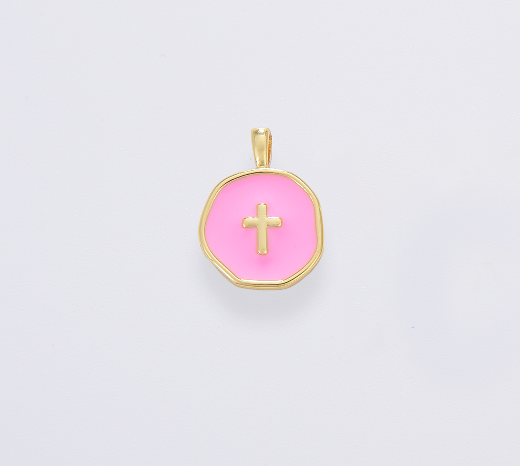 Dainty Enamel Cross Medallion Charm in Gold Filled, CP1674: #03 Pink